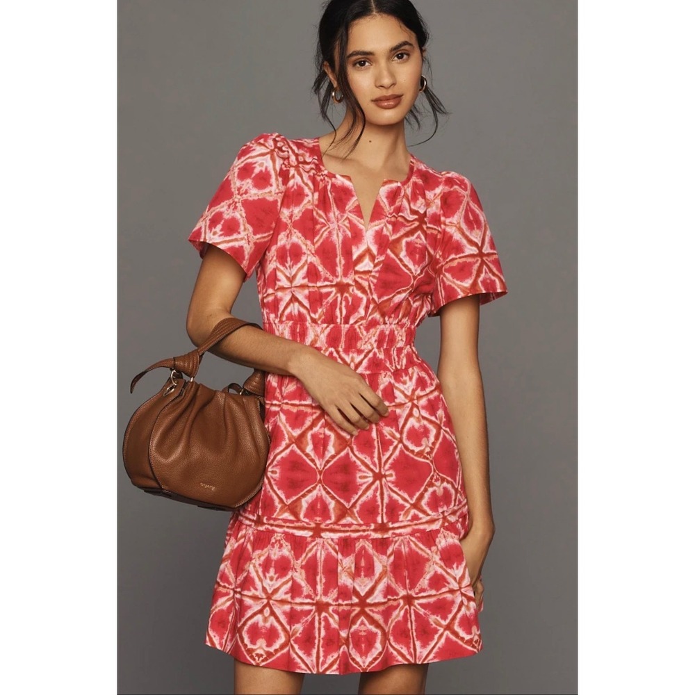 Anthropologie Somerset Mini Dress Tie Dye V-Neck Smocked Red Women Size S